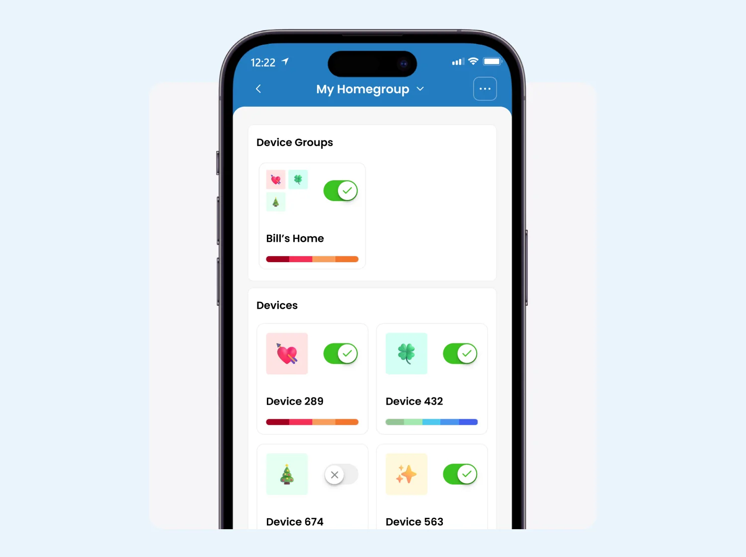 Homegroup screen in the Gemstone Lights app listing device groups and controllers