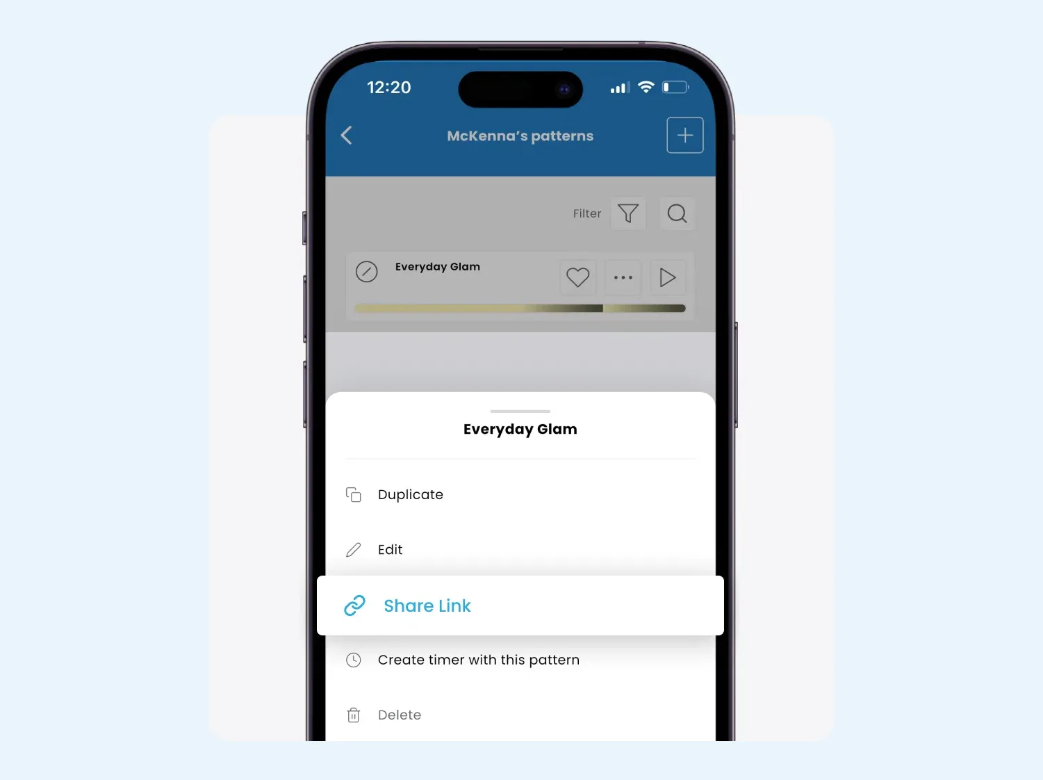 Pattern menu in the Gemstone Lights app with the Share Link option highlighted