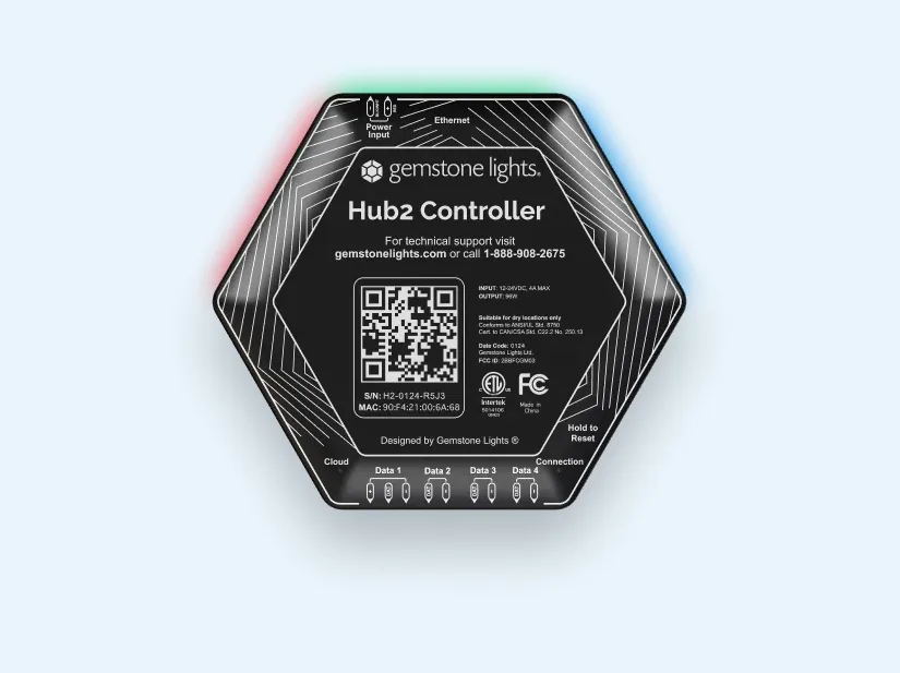 The hexagonal Gemstone Lights Hub2 controller with its QR code label