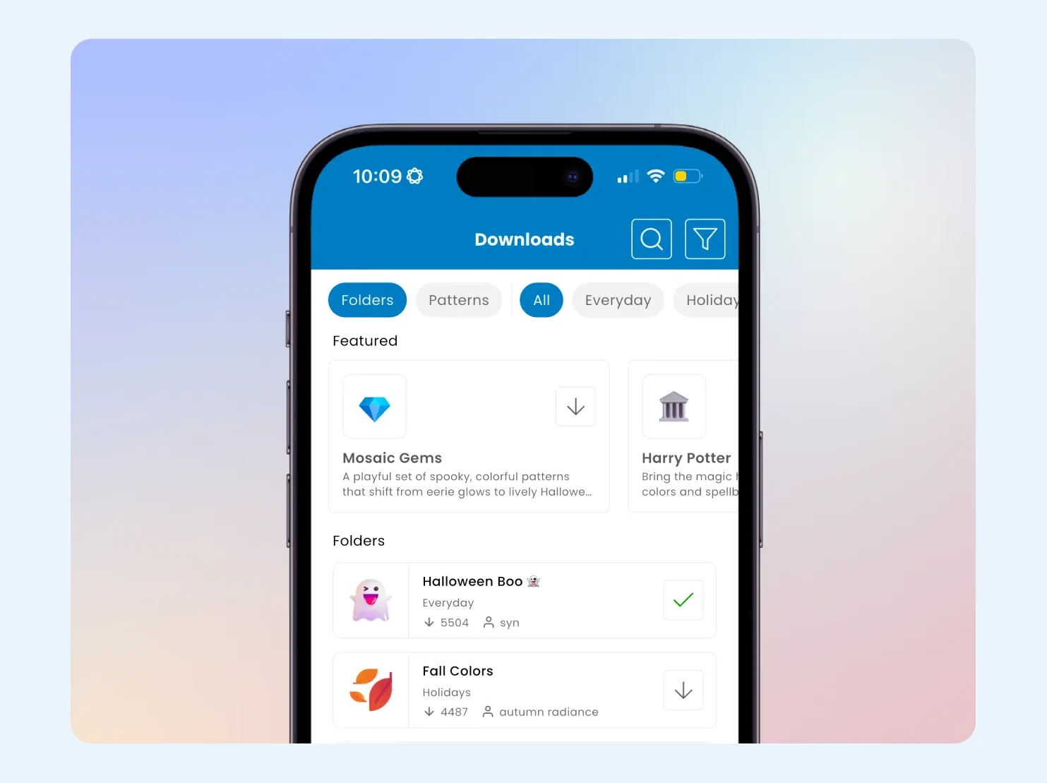 Downloads screen in the Gemstone Lights app with featured patterns and holiday folders