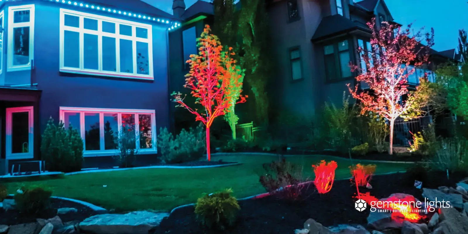Two front-yard trees lit red and pink by smart landscape lights beside a lit two-story house