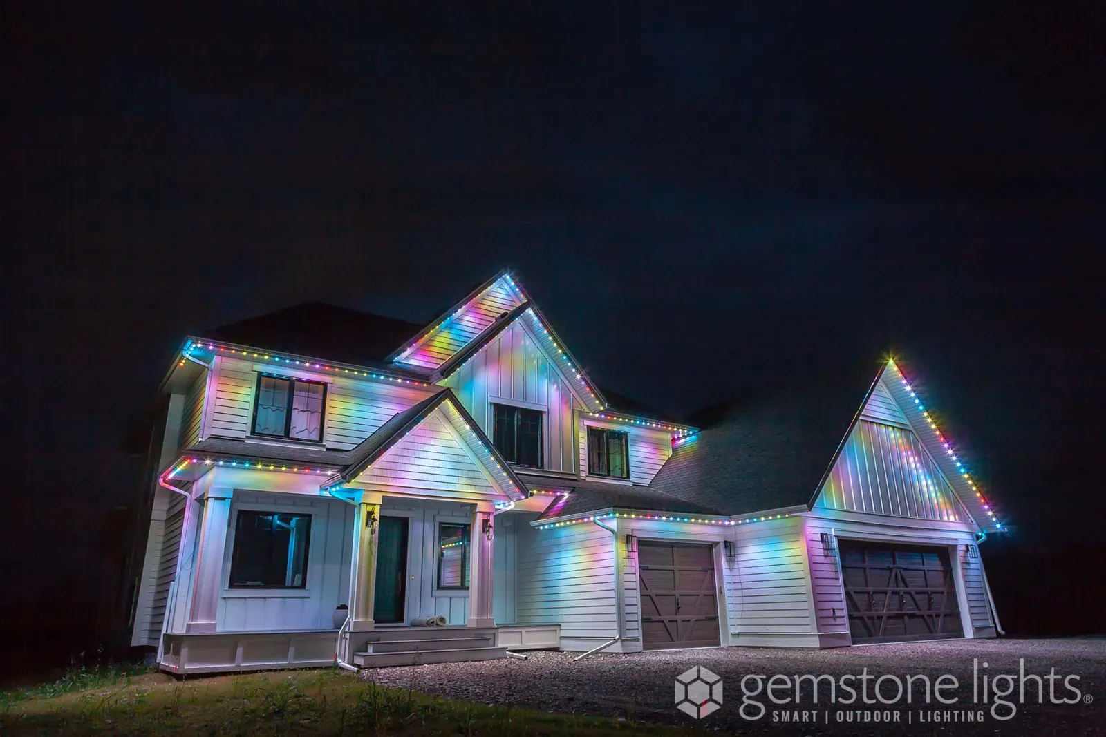Farmhouse lit in multicolor
